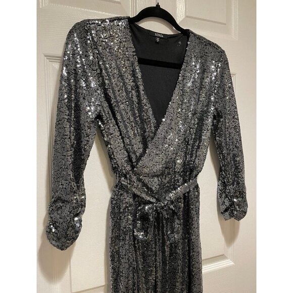 XOXO Black Cocktail Dress With Silver Sequins V-neck & Belted Waist Size Small - Picture 2 of 5